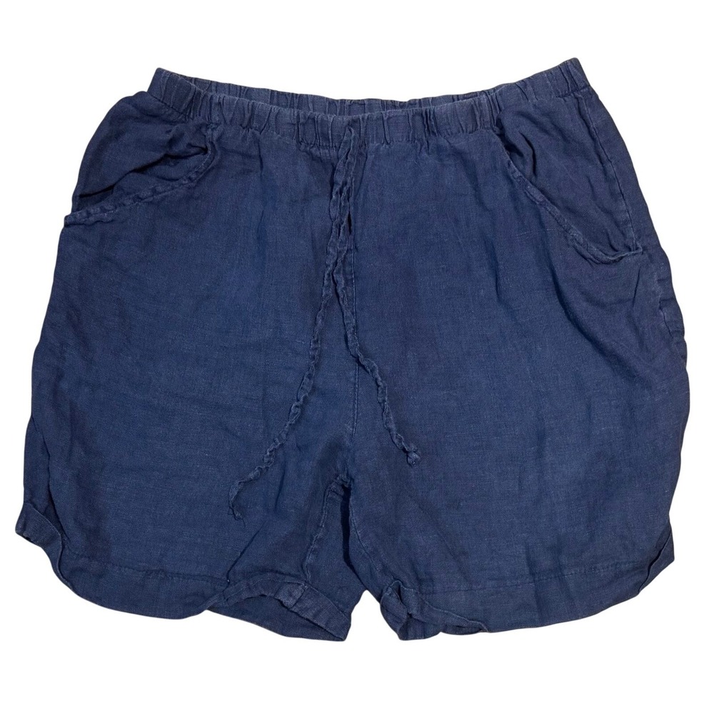 Puro Lino Navy Blue 100% Linen Shorts Made in Italy Elastic Waist Drawstring